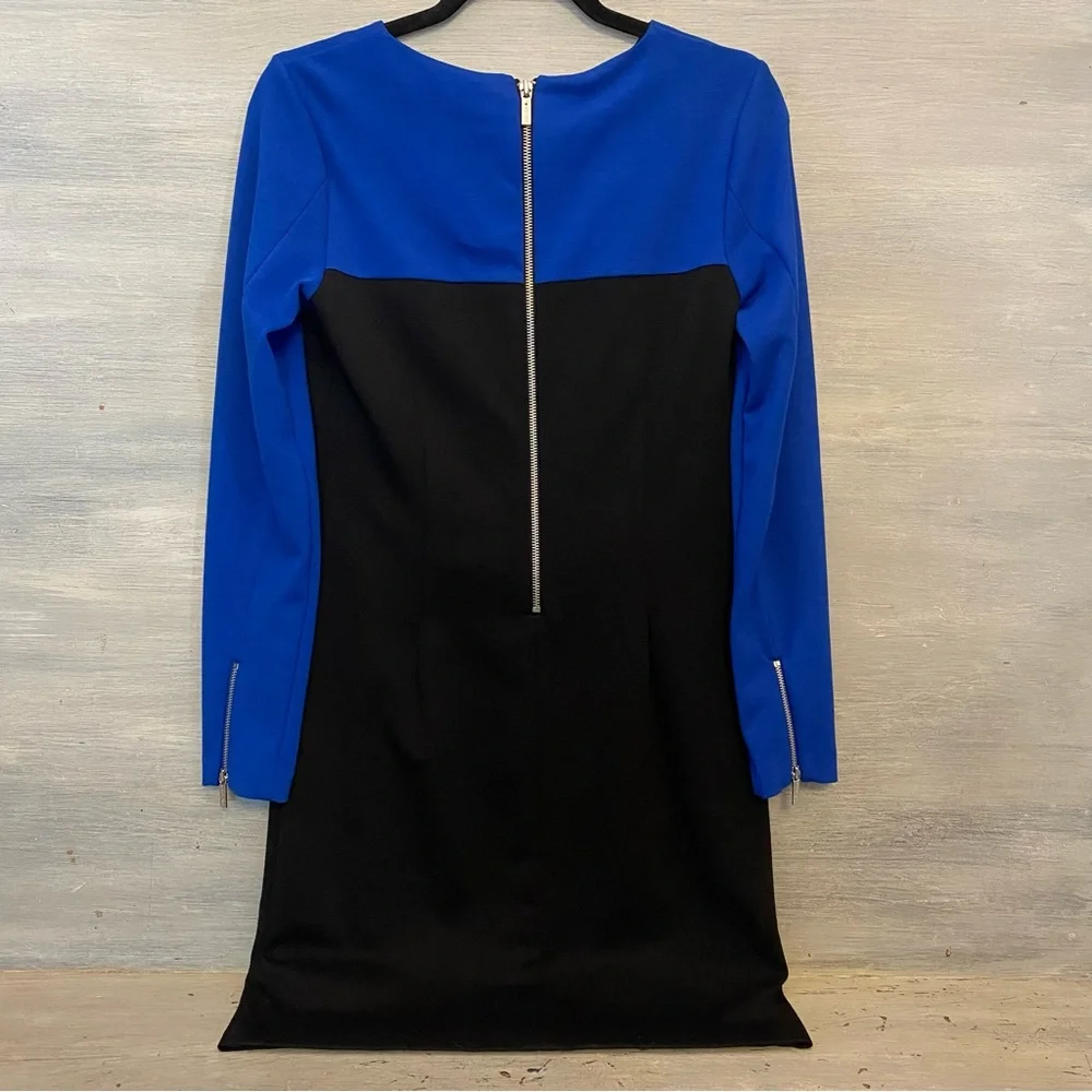 Michael Kors Sheath Dress Royal Blue and Black Silver Zip Back and Sleeves‎ GC
